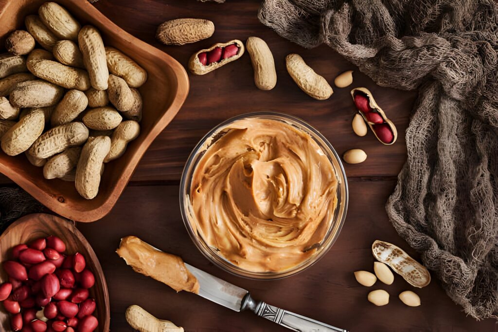 Delicious high protein peanut butter and peanuts on the table